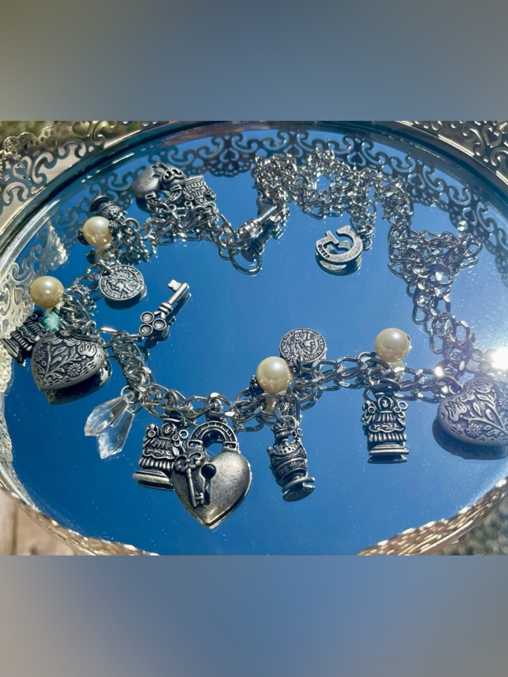 Guess Silver Charm Necklace with Pearl Accents